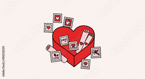 A heart-shaped box filled with love letters and Valentine's Day stamps