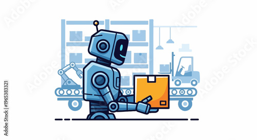A friendly robot holds a package in a warehouse with automated machinery