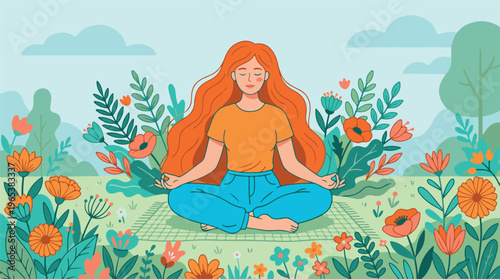 A serene cartoon woman with long red hair meditates in a peaceful outdoor setting surrounded by vibrant flowers and a soothing natural landscape