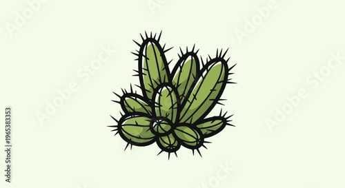 A cluster of green cacti with prominent black spikes against a light background