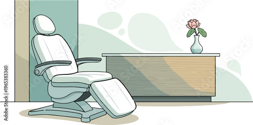 A clean white reclining chair sits beside a wooden cabinet with a flower vase