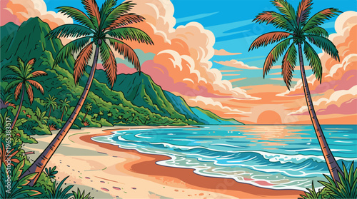 A serene beach scene at sunset with palm trees and mountains in the background under a vibrant sky