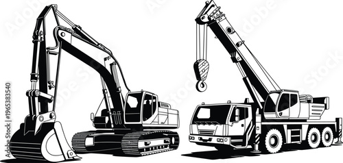 Heavy construction machinery set with excavator and mobile crane truck vector illustration for industrial building site engineering and lifting equipment