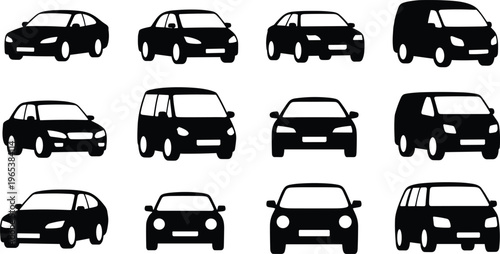 Large collection of black car silhouettes featuring different vehicle types like sedans, vans, hatchbacks, and suvs for transport and traffic.