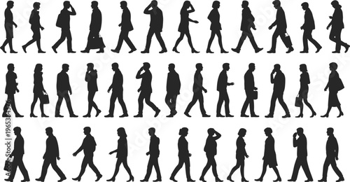 Large set of black silhouettes of people walking commuting and using phones in various poses isolated on a white background