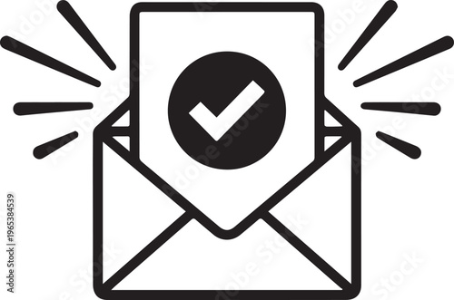 A simple black and white icon of an envelope with a checkmark on a notification slip emerging from it surrounded by lines indicating excitement or success