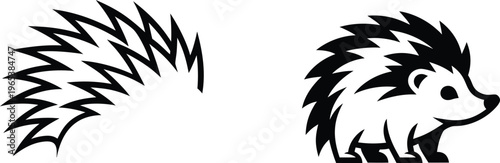 Black silhouette hedgehog and spiky quills on transparent background vector illustration.