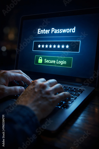 Close up of person hands typing password on laptop screen for secure login, cybersecurity and data protection concept in dark room.