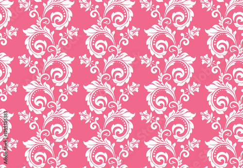 Floral pattern. Seamless vector background. Vintage wallpaper in the Baroque style. White and pink ornament for fabric, wallpaper, packaging. Ornate Damask flower illustration