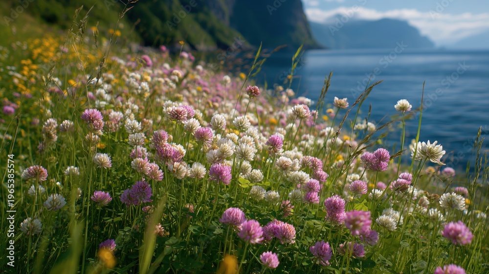 Obraz premium Blooming pink and white clover meadow by fjord shoreline with mountains in summer