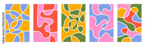 Set of Abstract vertical backgrounds with dynamic bright shapes. Trendy vector illustration in style retro 60s, 70s.