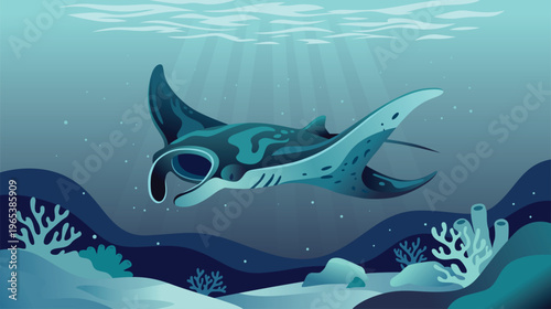 Flat vector illustration of a manta ray gliding underwater