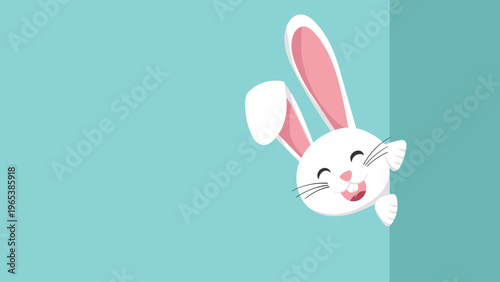 Cute smiling white rabbit peeking from the side of a teal background vector illustration for playful kids greeting design