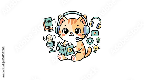 Cute Cartoon Cat with Headphones and Books