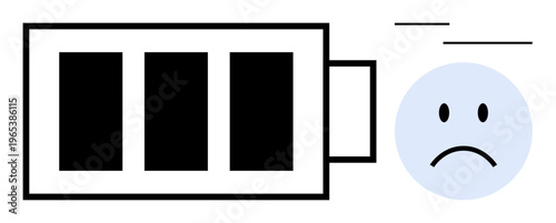 Low battery concept. Symbol of low energy with a nearly depleted battery and sad face icon. Low energy for fatigue, power management, stress reduction, efficiency tips, wellness apps