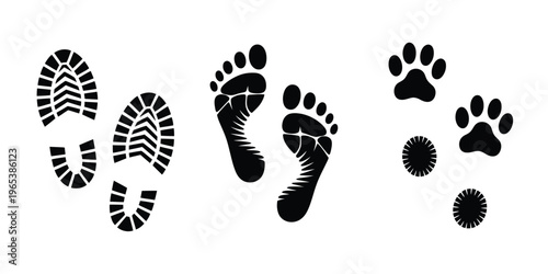 Human foot and shoe print icons set, isolated vector illustration featuring clean footprint symbols, minimal design elements, and clear shapes for signage, education, and visual guidance.