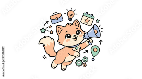 Cute Cartoon Cat Announcing Business Concepts
