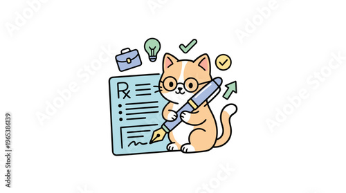Smart Cat Writing A Prescription with Office Icons
