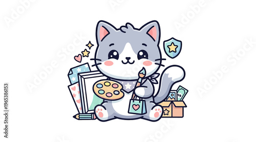 Cute Cartoon Artist Cat with Painting Supplies