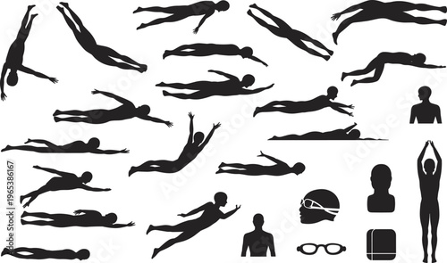 Swimming silhouettes set with athletes in pool diving and floating for summer water sports leisure activity and competitive swimming design
