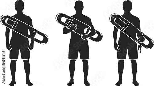 Three male lifeguard silhouettes holding rescue tubes in different arms positions standing isolated on white background for beach safety design