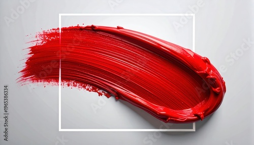 Un coup de pinceau épais de peinture rouge vif avec une texture riche traversant un cadre blanc minimaliste sur un fond gris clair élégant.