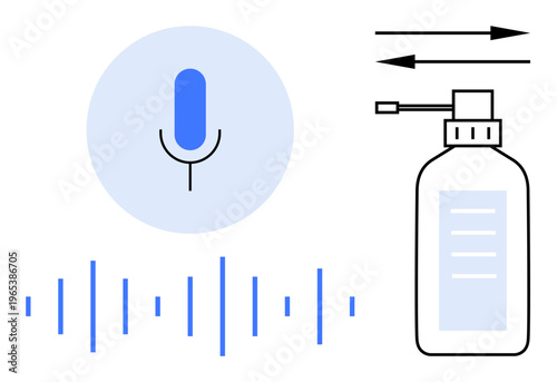 Technology, voice control, hygiene, cleaning, speech recognition, pandemic safety. Microphone icon alongside disinfectant spray with sound waves. Technology and voice control concept