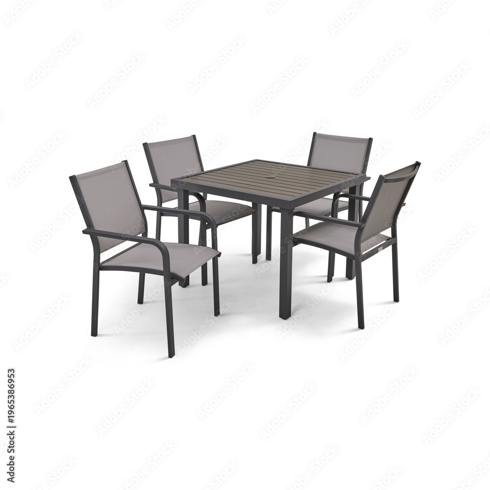 Fototapeta premium Four Gray Cushioned Chairs Around a Square Outdoor Table