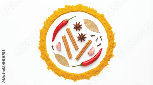 Round arrangement of spices including chili peppers, cinnamon sticks, star anise, and bay leaves with turmeric powder border, food ingredients
