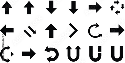 Collection of various black arrow symbols on a white background