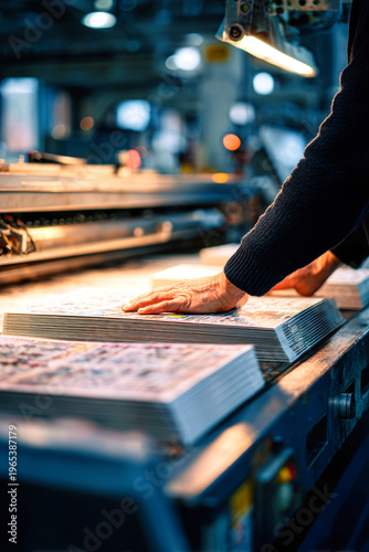 Workers use hands to operate an industrial paper machine in a printing house, producing printed materials. Posters are stacked on the table nearby