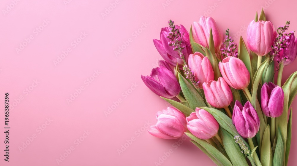 Obraz premium Pink tulip bouquet arranged on pastel pink surface