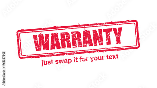warranty red rubber stamp vector with distressed ink texture and clean frame, built for packaging, shipping labels, office paperwork, certification workflows, and commercial branding use.
