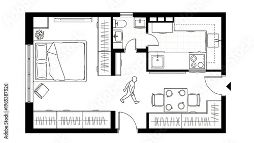 Detailed Black and White Architectural Floor Plan of a Contemporary Compact Apartment Layout with Essential Furnishings