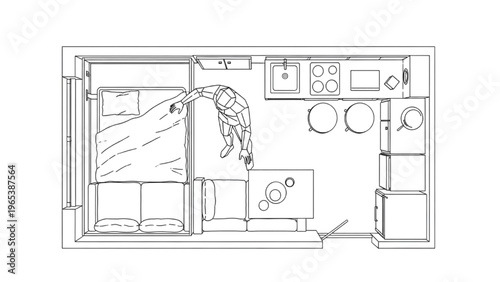 Efficient Living Blueprint Overhead View of a Modern Compact Studio Apartment Layout Illustrating Daily Routine and Space Optimization