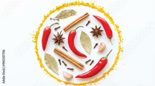 Collection of spices arranged in a circle with chili peppers, cinnamon sticks, star anise, and bay leaves on white background, food ingredients