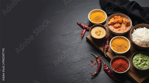 Indian cuisine spices and rice with chutney served in bowls on a dark surface with indian food with food platter with spice assortment with spice blend