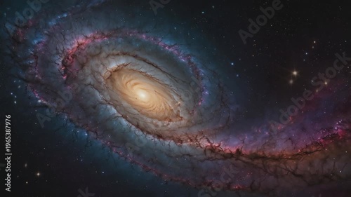 A giant spiral galaxy with a bright, golden-yellow core. The galaxy's structure is surrounded by dark dust lanes that look like complex roots or nerve fibers.