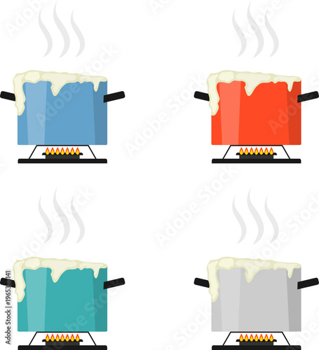 Boiling water in cooking pot on gas stove burner set isolated on a white background