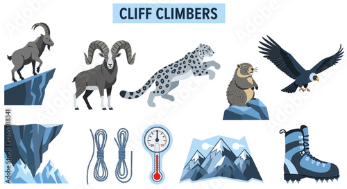 Cliff climbers adventure mountain wildlife icons.