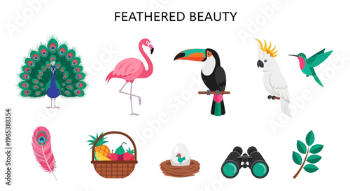 Colorful Feathered Friends and Travel Icons.