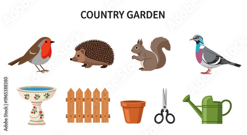 Country garden wildlife and tools illustration.