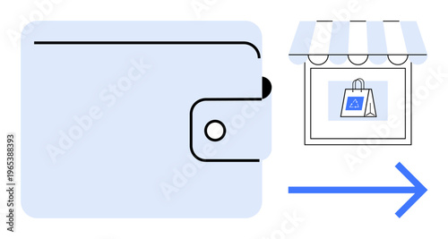 E-commerce, online shopping, digital payments, retail business, consumer transactions, cashless systems. Minimalistic design of a wallet, storefront and an arrow. E-commerce and digital payments