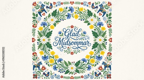 Detailed Scandinavian folk motifs surrounding the composition, elegant Swedish script “Glad Midsommar”