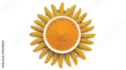 Sun shaped arrangement of fresh turmeric roots surrounding a bowl of orange turmeric powder on a white background with spice powder with spice blend