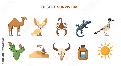 Desert animals and dry landscape icons.