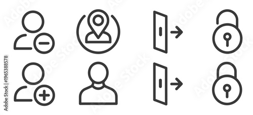 Professional, authentication vector icon set with user login, secure access, and verification line symbols, representing account security and identity protection, clean modern outline design