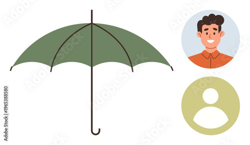 Insurance, protection, identity, security, online profiles, weather safety. A green umbrella and two profile avatars one detailed, one generic. Insurance and protection concepts