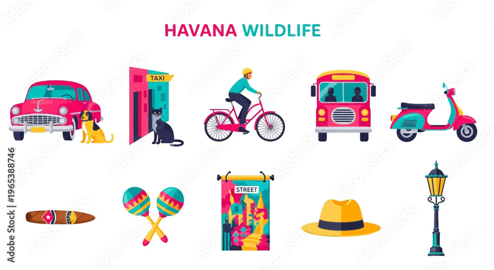 Naklejka premium Havana Cuba colorful street icons set.