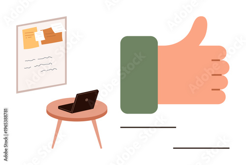 Productivity, office culture, remote work, teamwork, motivation, positive feedback. A desk with a laptop, a bulletin board and a large thumbs-up hand gesture. Productivity and positive feedback